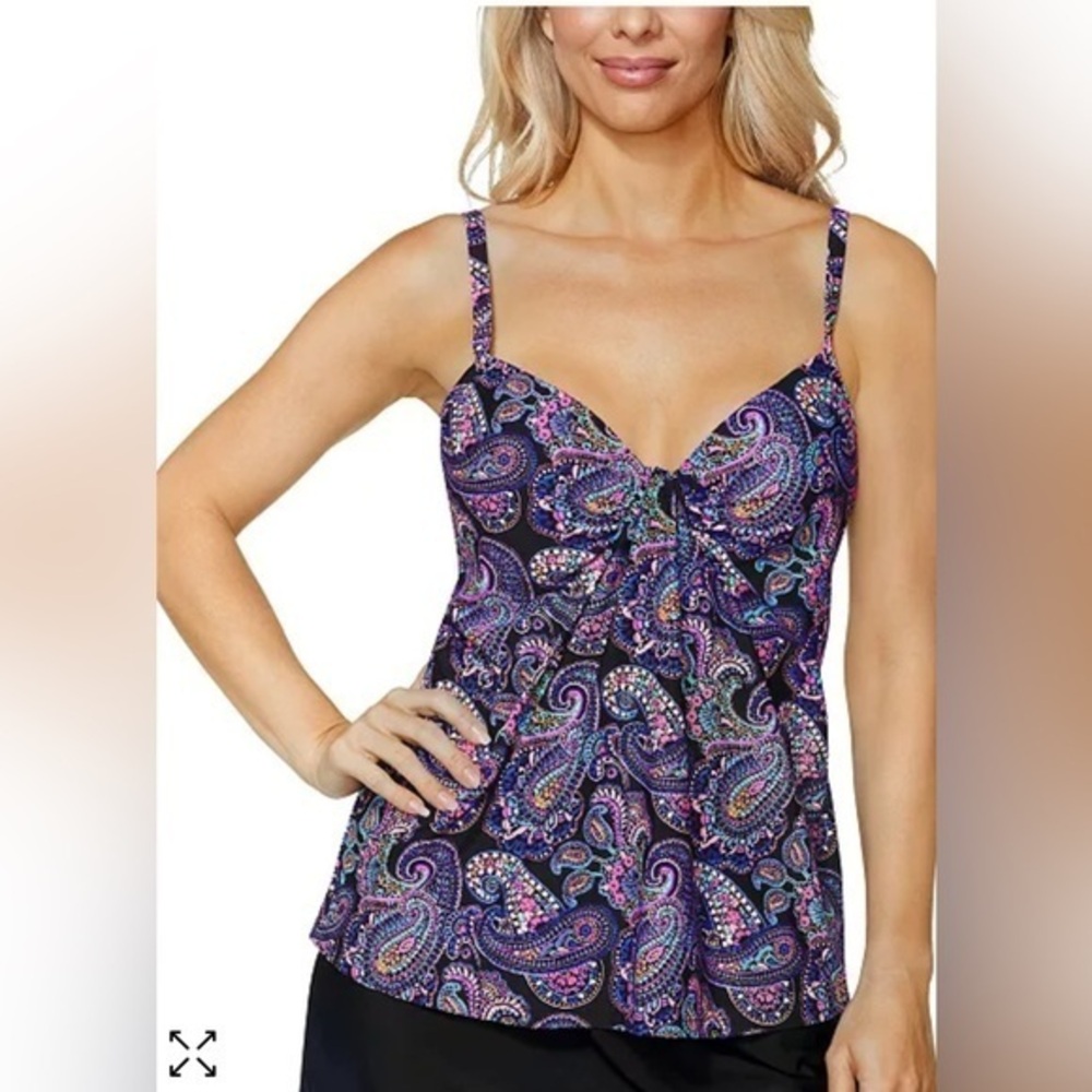 Island Escape Black Blue Paisley Scorpio Twist Tankini Swim Top NWT 8 #2078